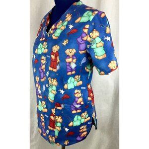 Apple Life Scrub Top Womens M Blue Bear Dr Nurse Print Medical Uniform Shirt VTG